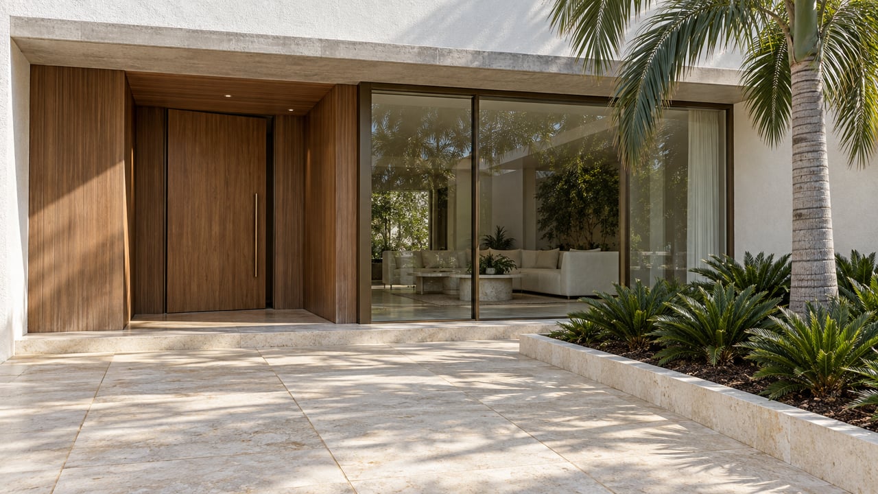 Pale stucco villa entrance with teak door, bronze-framed glazing, limestone paving and a sculptural palm in a raised planting bed.