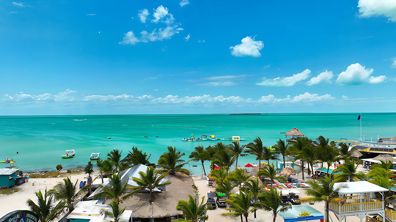 View of palm trees, beach, and calm clear waters