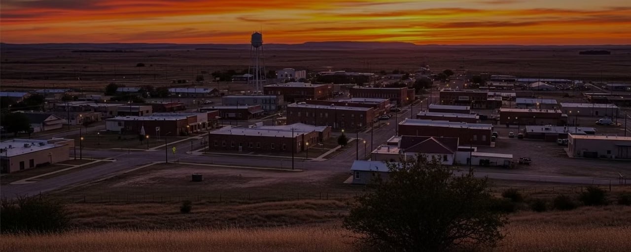 Clyde, Texas, with its downtown water tower silhouetted against an orange sunset.