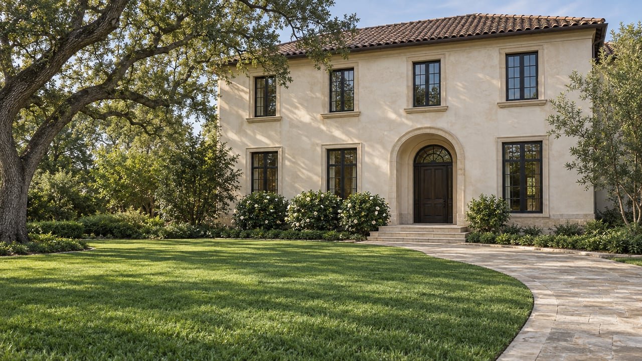 An ivory stucco home with clay roof tiles and arched entry stands beyond a broad lawn, a curving limestone walk and a spreading live oak.