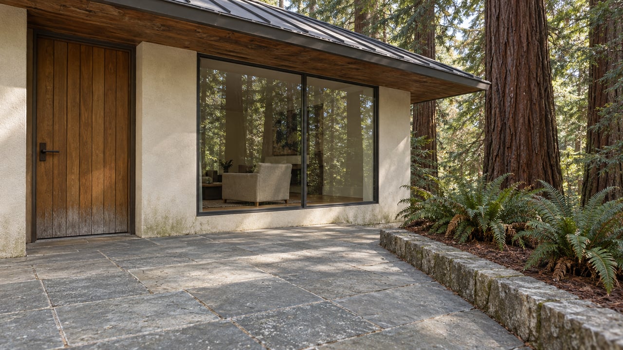 Wood-and-stucco home entry with a sandstone terrace, large living-room window, and redwoods beside a fern-planted stone curb.