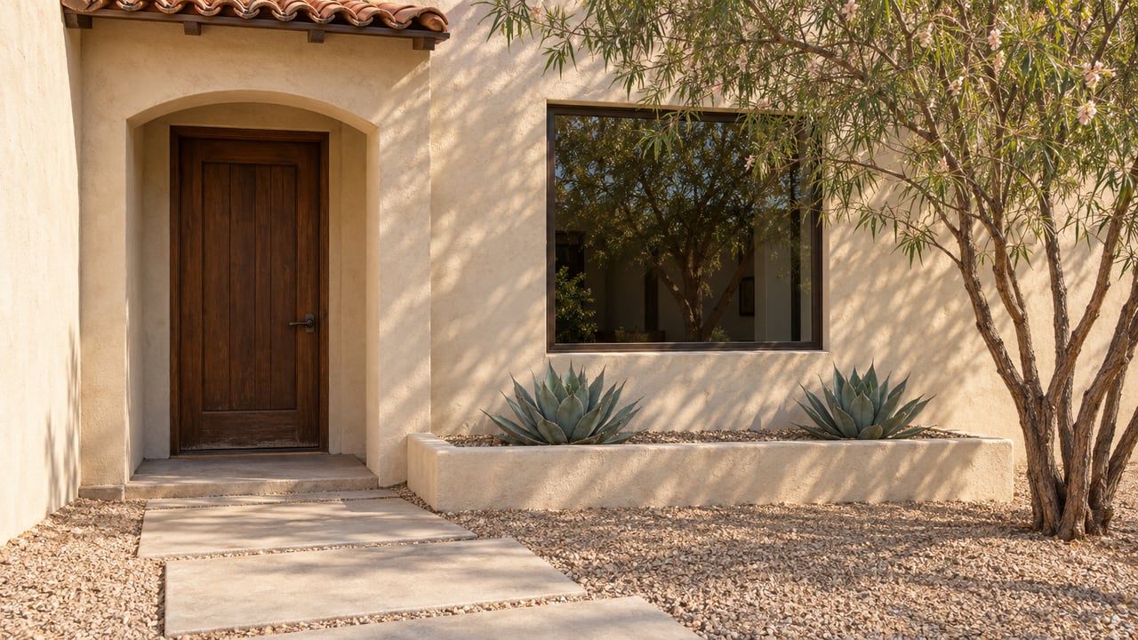Compact stucco home with recessed wood door, bronze-framed window, concrete stepping slabs, and airy desert willow