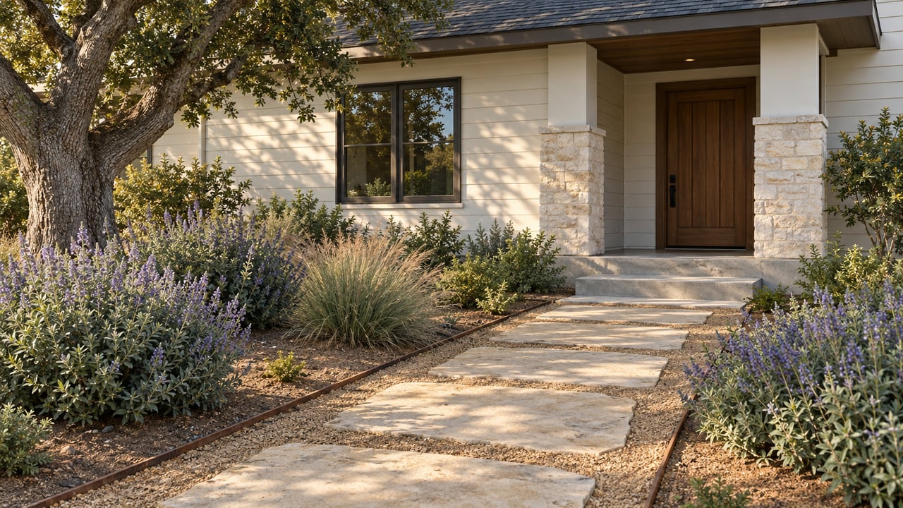 Detached house with off-white siding, recessed timber door, and limestone path through a planted front garden.