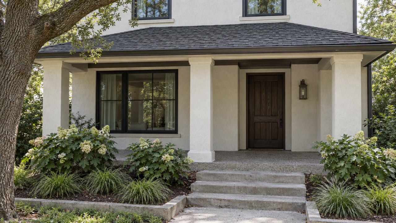 Ivory stucco home with a dark timber entry, shaded porch, aggregate concrete steps and oakleaf hydrangeas beneath a mature live oak.