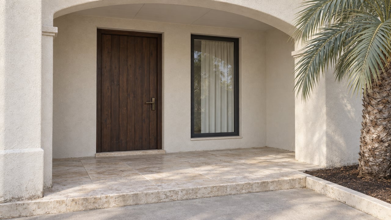 A sheltered stucco entry with a dark wood door, limestone porch, and a silver-green palm beside the steps.
