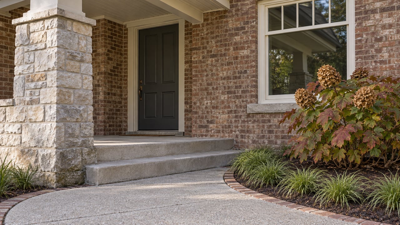 Close view of a brick home's covered porch with a limestone pier, cream window frame, concrete steps and autumn oakleaf hydrangea.