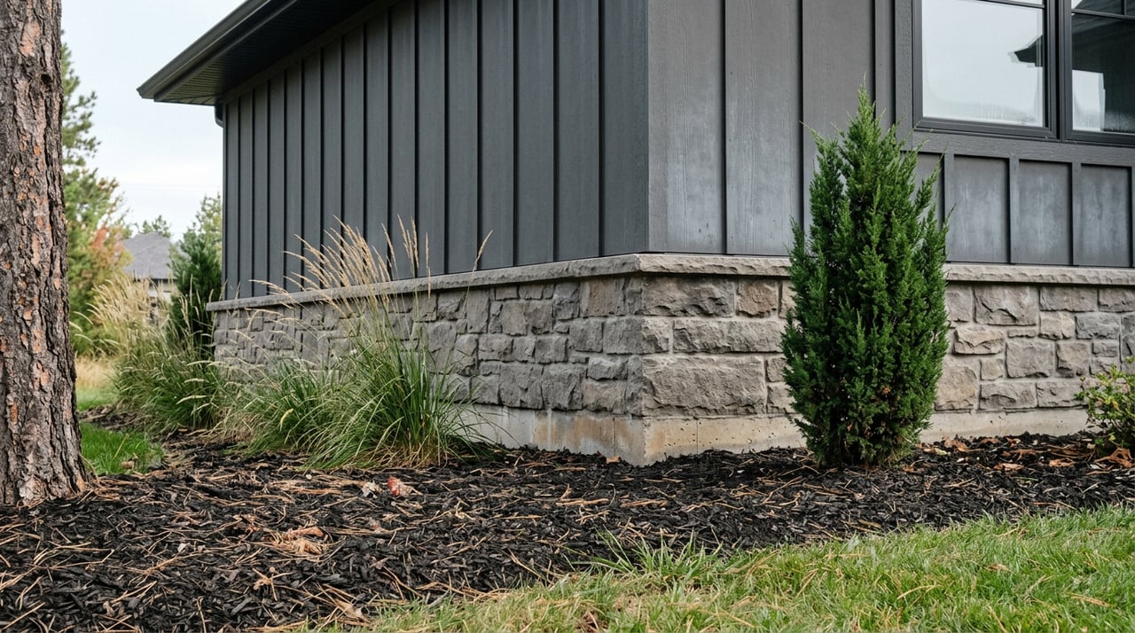 Gray-brown fieldstone foundation beneath charcoal siding, with a juniper and feather reed grass in the mulched bed.