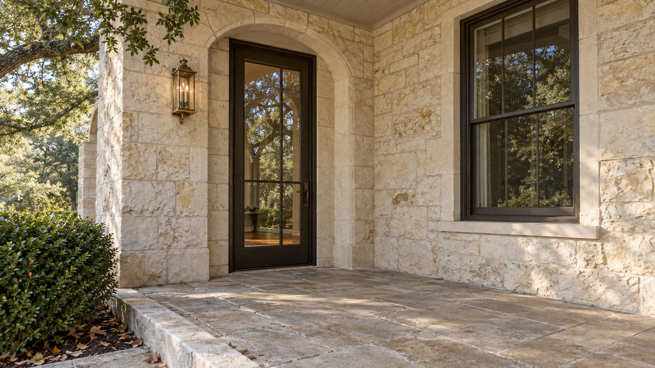 Closed bronze-framed glass door beneath a limestone arch, with a window, oak branch, and leaves on the porch paving.