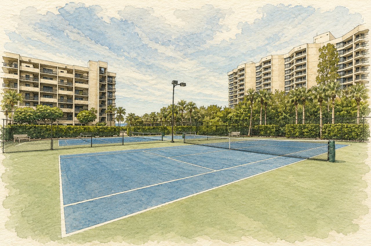 Architectural rendering of tennis courts in front of landscaped condominium buildings.