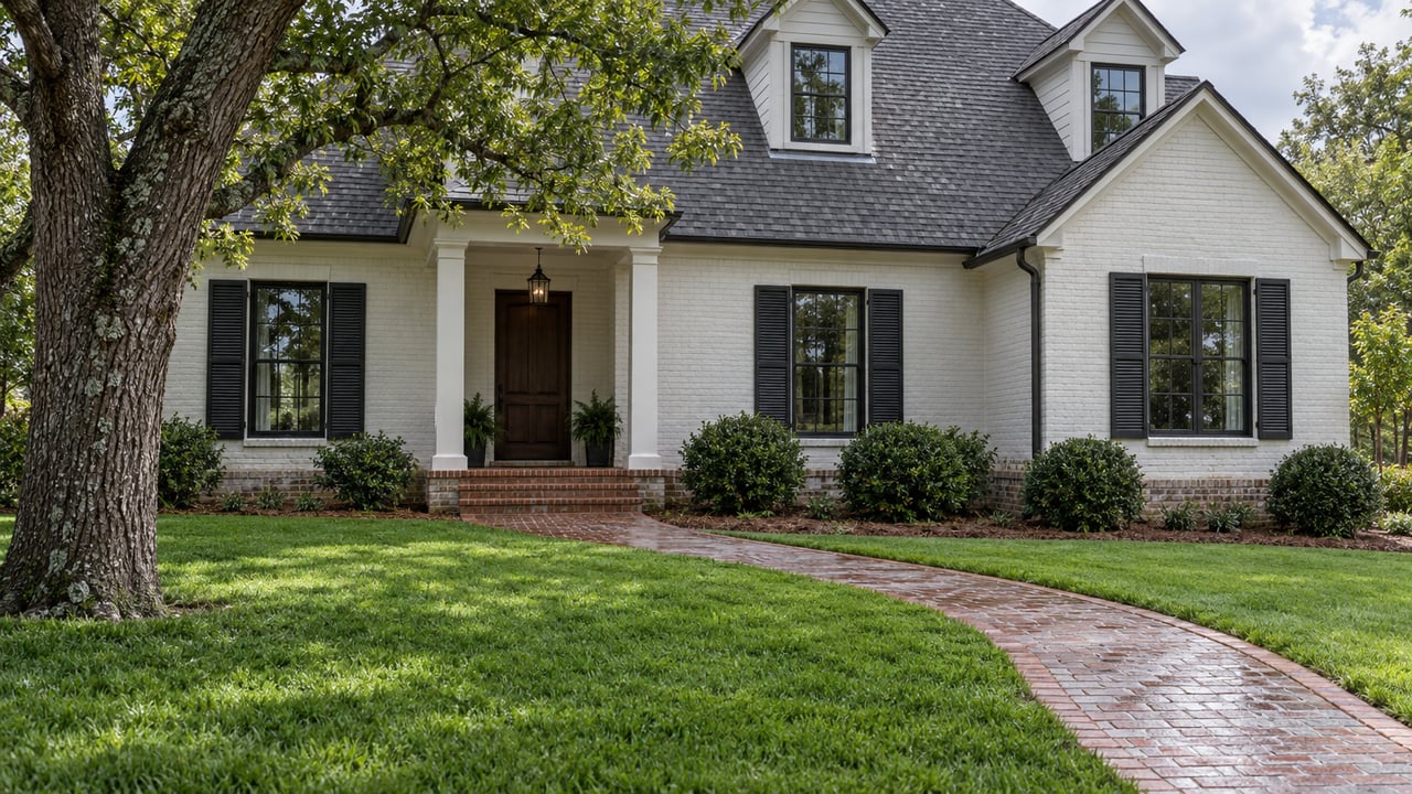 White-painted brick home with gray dormered roof, dark shutters, a brick approach and a deep green lawn beneath a mature oak.