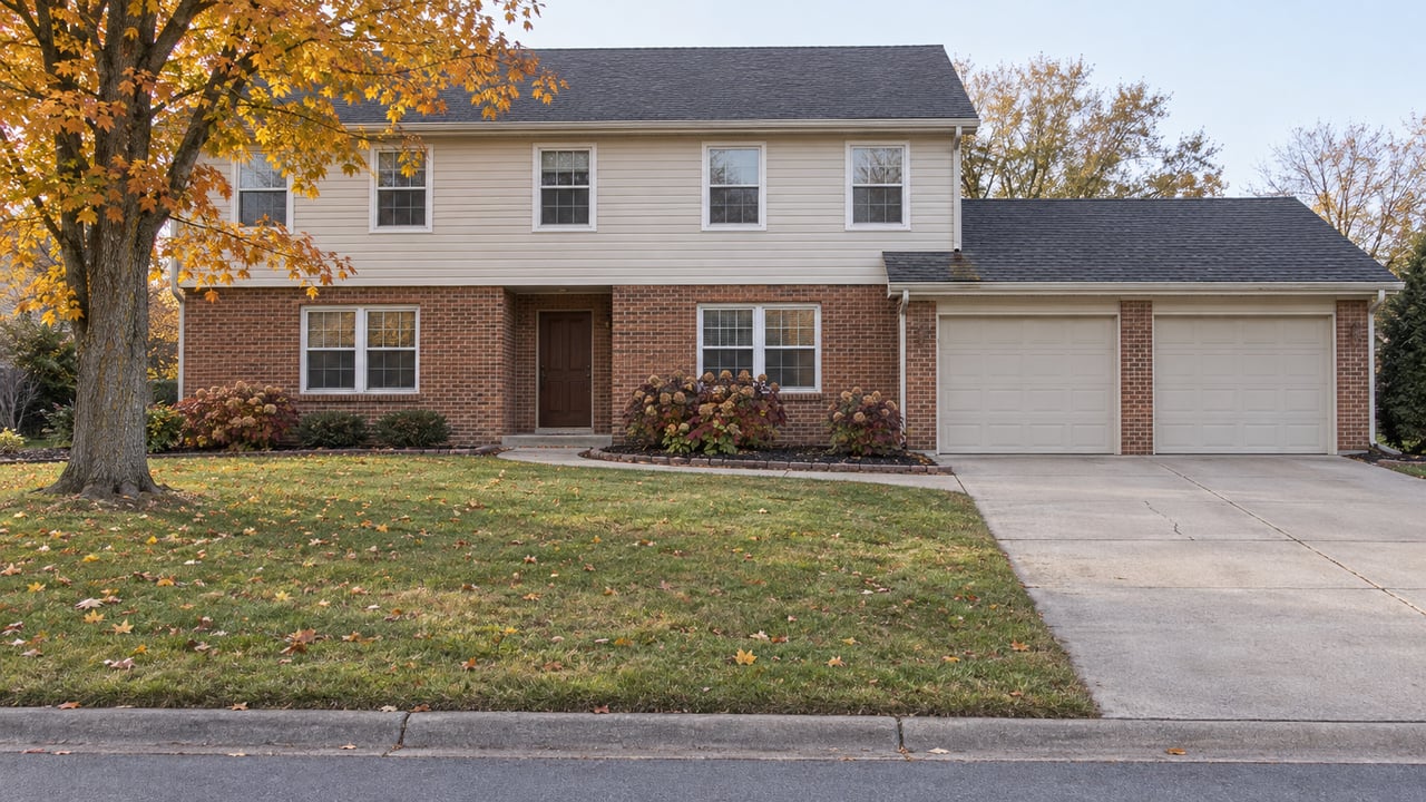 Autumn lawn and a golden sugar maple frame a two-story brick-and-ivory house with an attached garage.