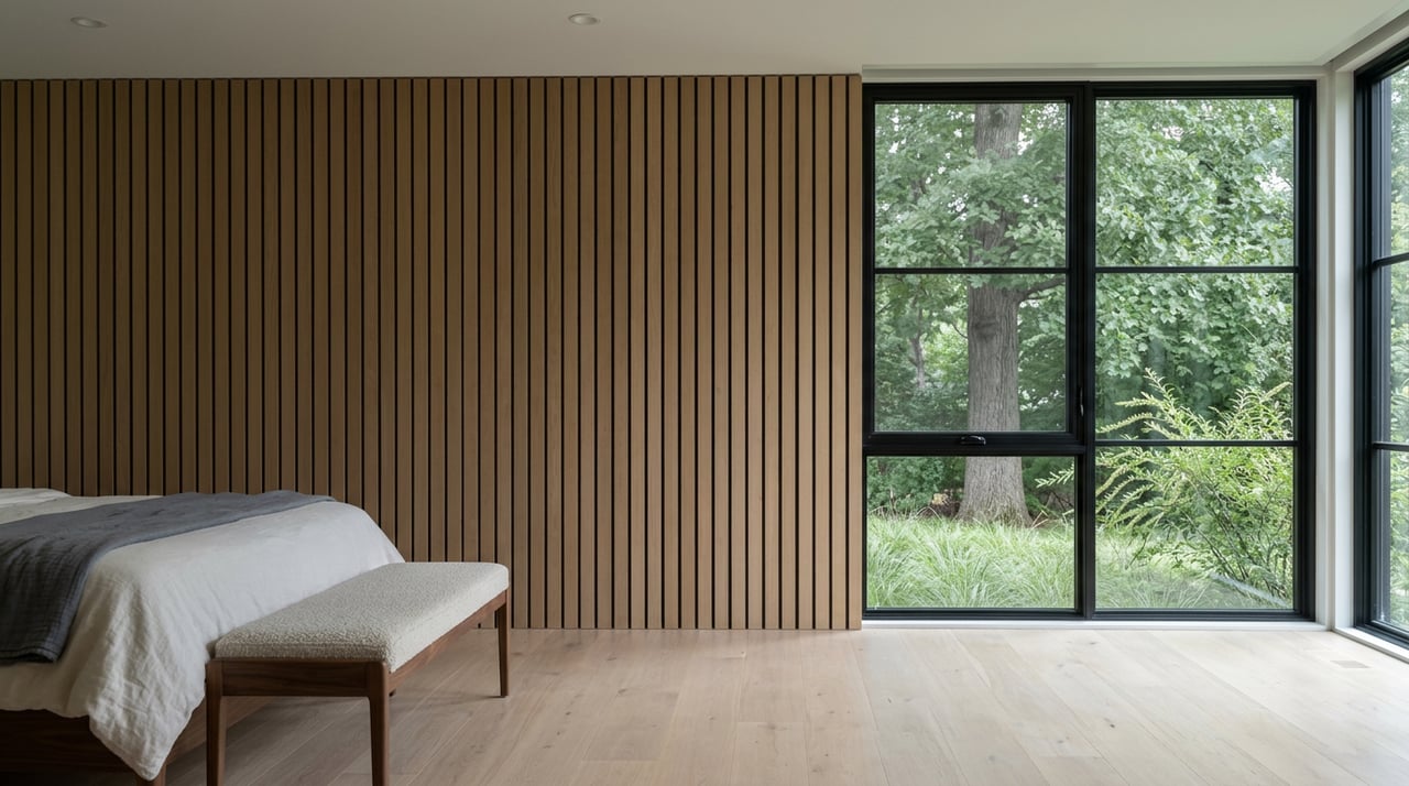 Primary bedroom with a vertical oak-slat wall, black steel window filled with leafy tree canopy, and a cushioned bench.