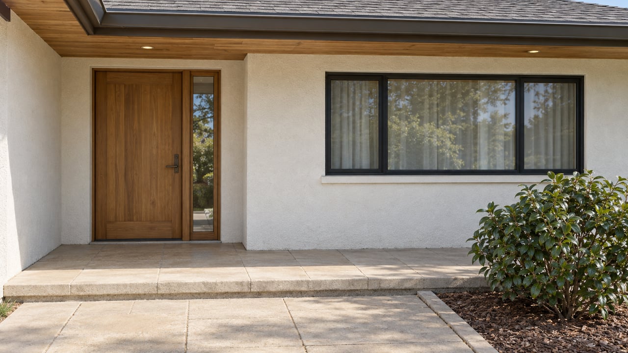 A shaded wood front door and wide black-framed window beneath a deep eave, with pale pavers and a single camellia beside the approach.