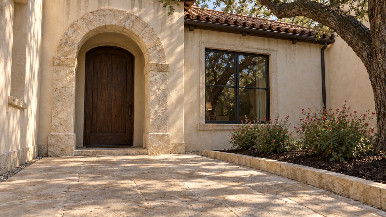 Morning light on a limestone-arched oak entrance, ivory stucco, black steel window, and a broad stone courtyard beside a mature live oak.