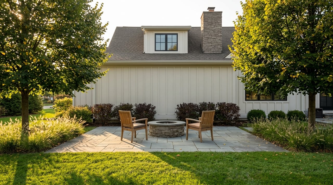 Bluestone patio with a stone fire bowl and teak chairs, backed by maroon shrubs and a white-sided home.