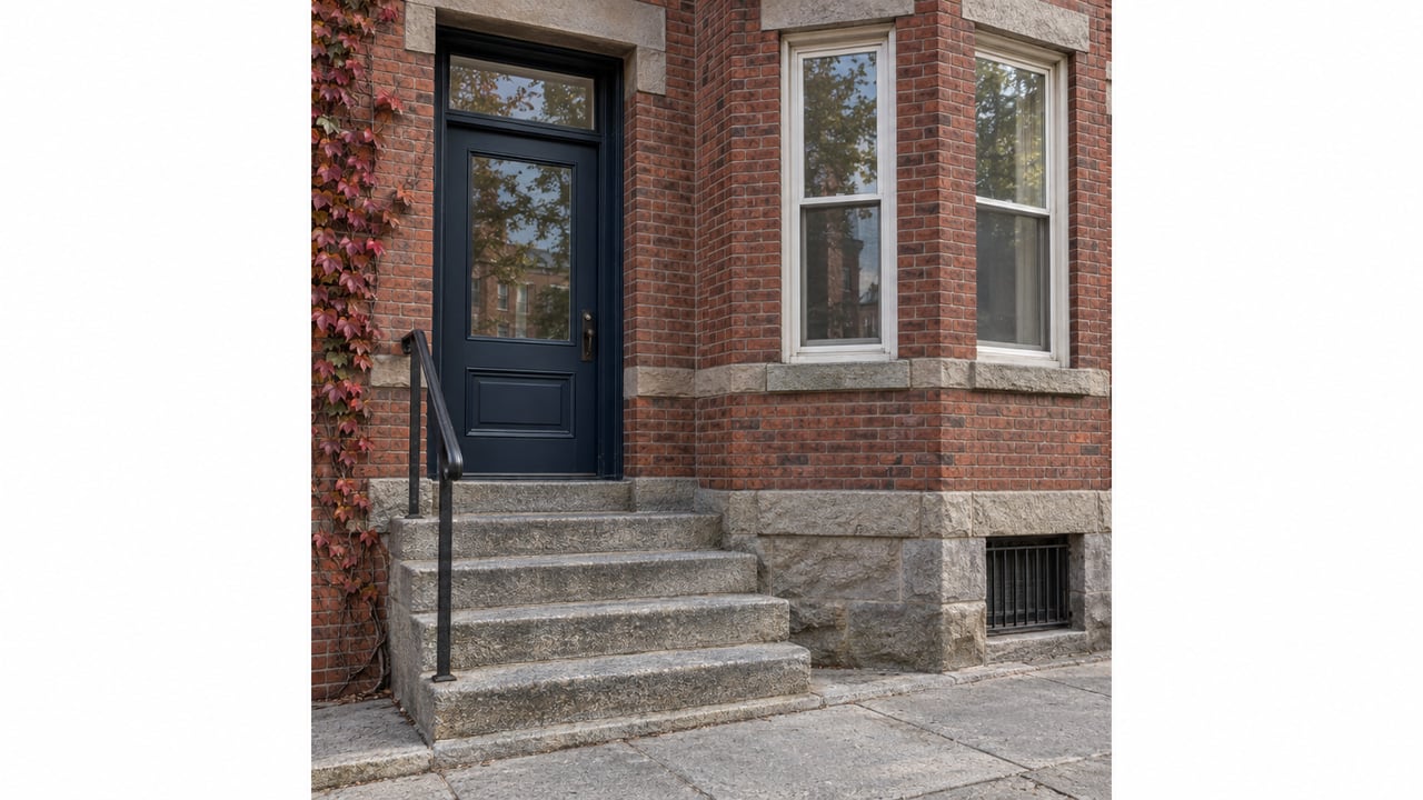 Recessed navy glazed door beside a red-brown brick bay, with worn granite stoop steps and a burgundy vine.
