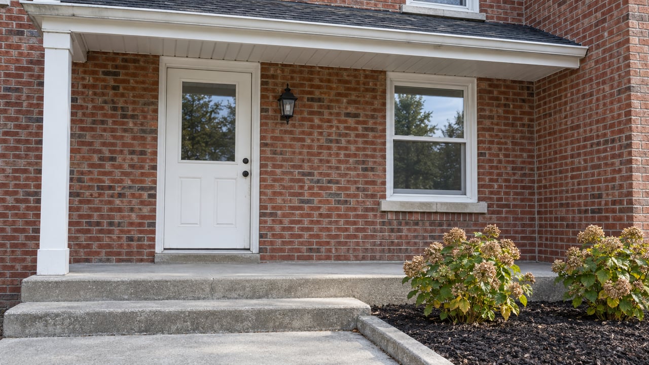 Red-brick residential entry with white door and window, worn concrete steps, and two hydrangeas.