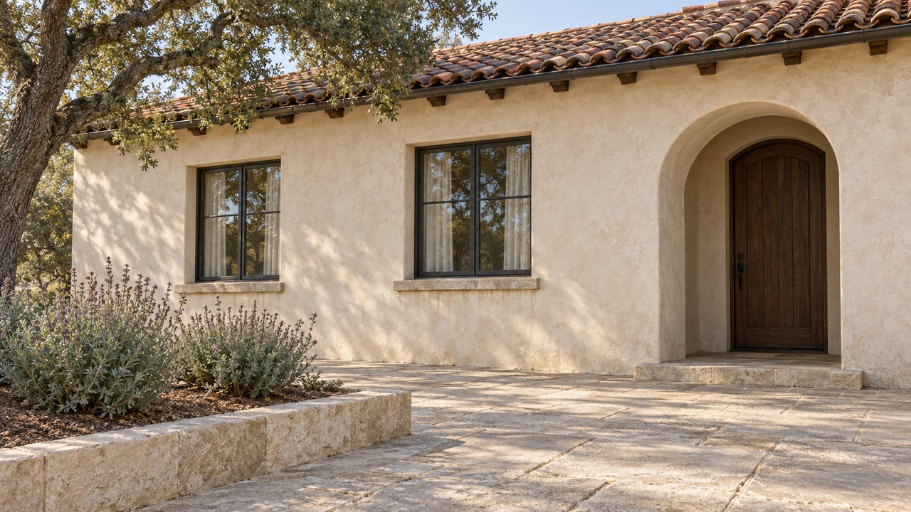 Morning light on an ivory stucco home with a clay tile roof, arched timber entry and broad limestone terrace beneath a mature oak.