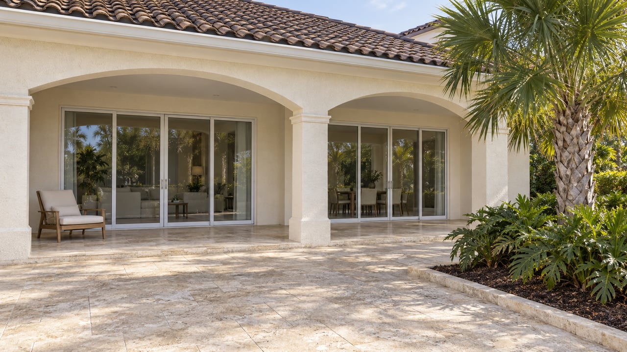 Ivory stucco home with a dark tile roof, two arched loggia openings, closed glass doors and a limestone terrace beside a fan palm.