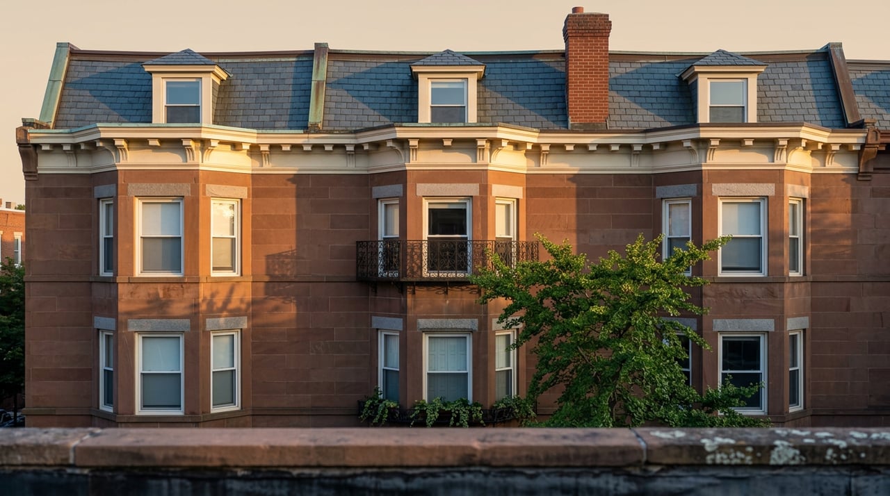 Rust-brown bowfront rowhouse with stacked bay windows, a slate mansard roof, and a leafy street tree.