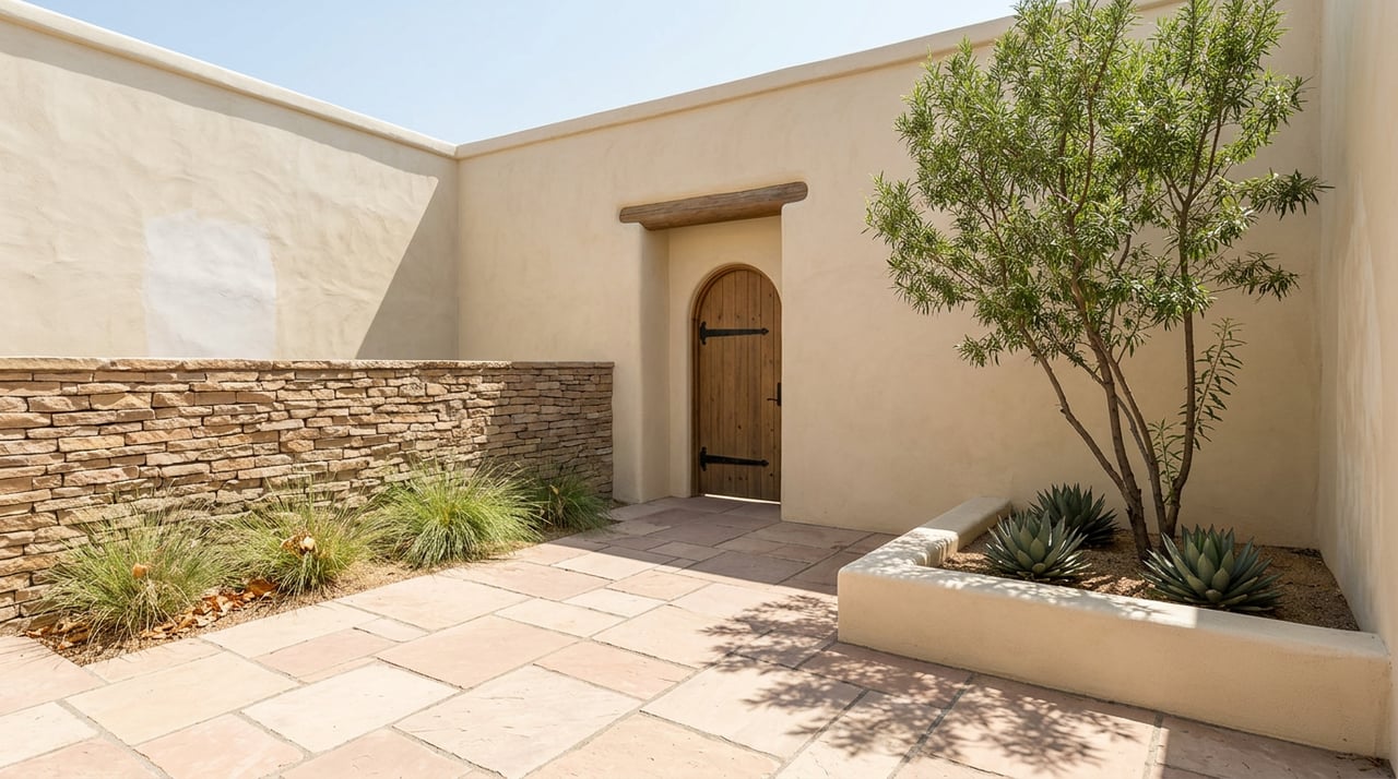 Southwestern courtyard with a rounded stucco arch, plank wood door, flagstone paving, and a desert willow in a planter.