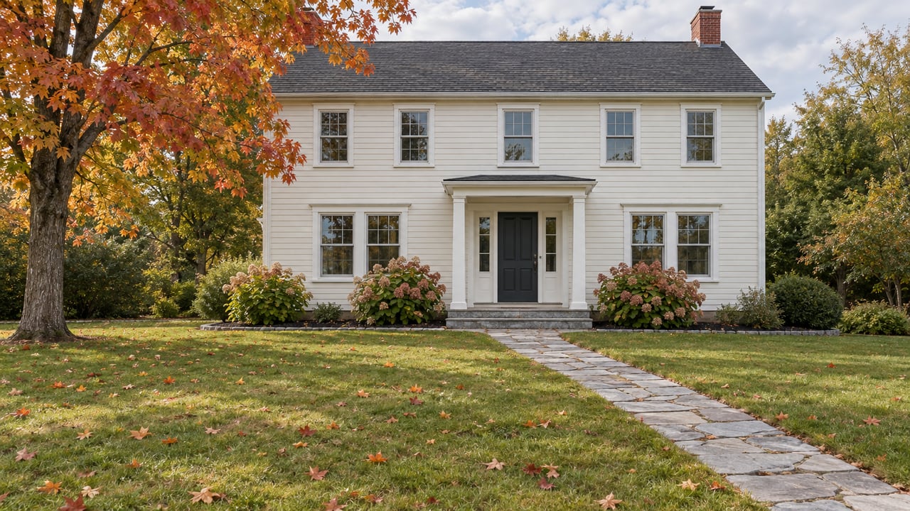 White Colonial-style home with a dark front door, stone walkway, and colorful autumn foliage.