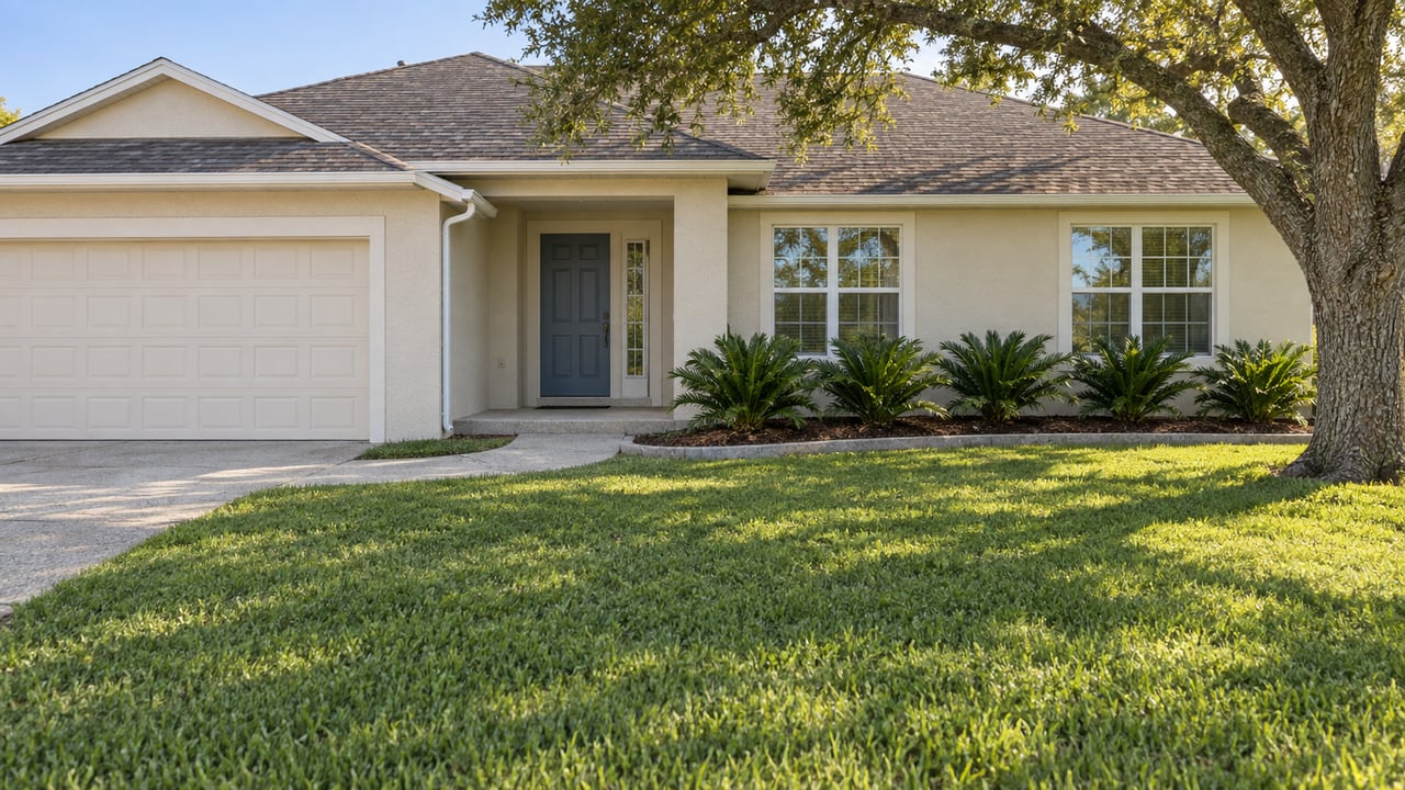 A cream stucco home with a gabled roof, broad front lawn, curved concrete walkway and mature live oak in late-afternoon light.