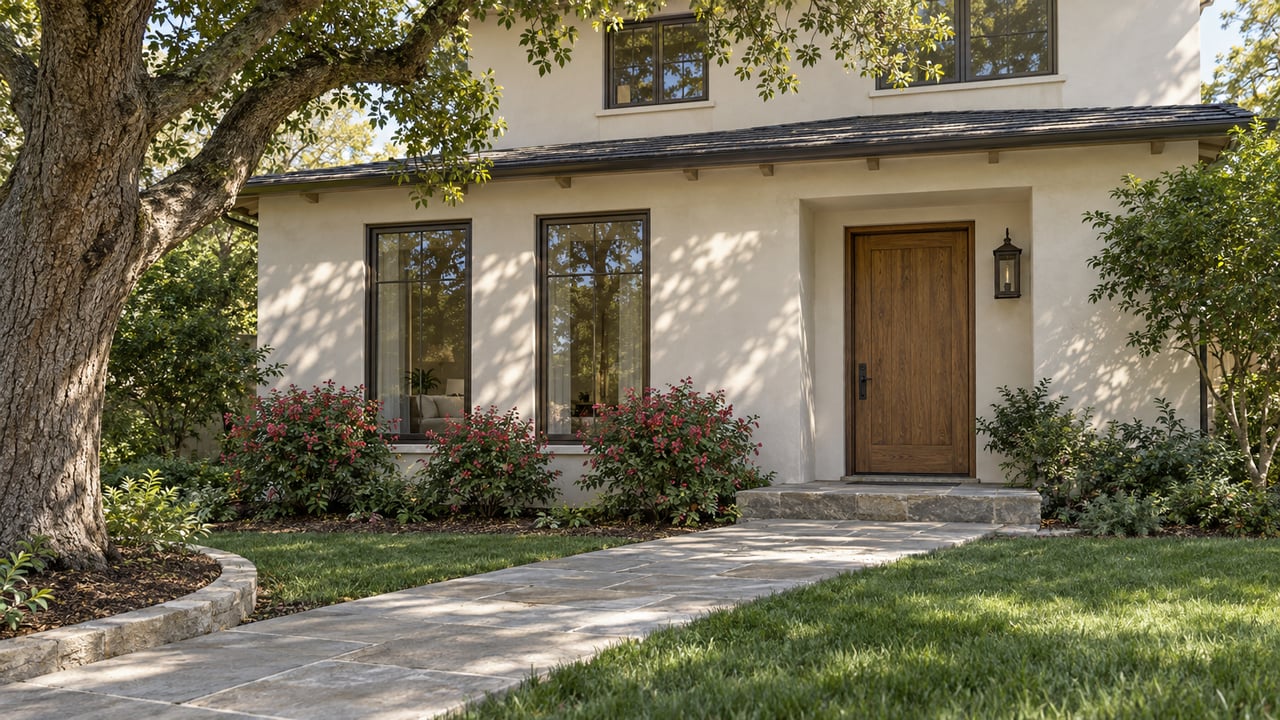 Ivory stucco home with bronze-framed windows and an oak front door, seen across a sandstone garden path beneath a mature oak.