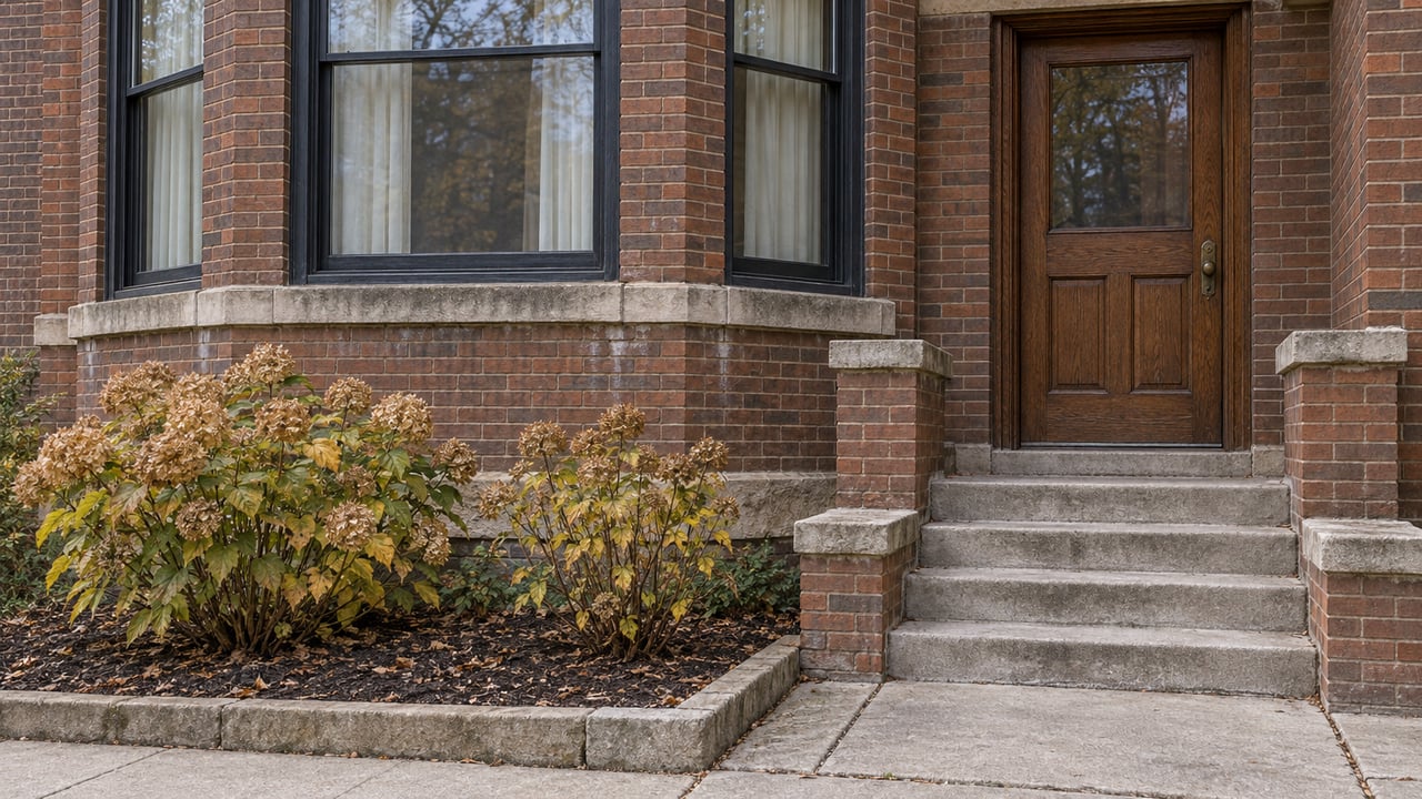 Close view of a red-brown brick home's window bay and oak entrance above worn concrete steps, beside two hydrangeas with dried autumn blooms.