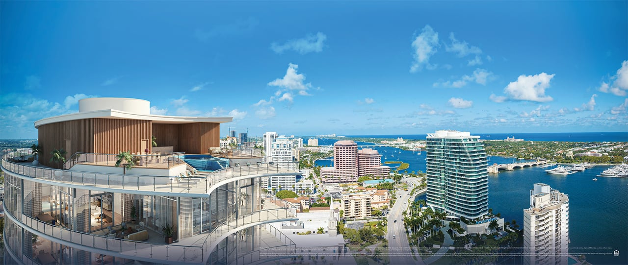 Daytime rendering of the Forté on Flagler penthouse rooftop and private pool with city and water views.