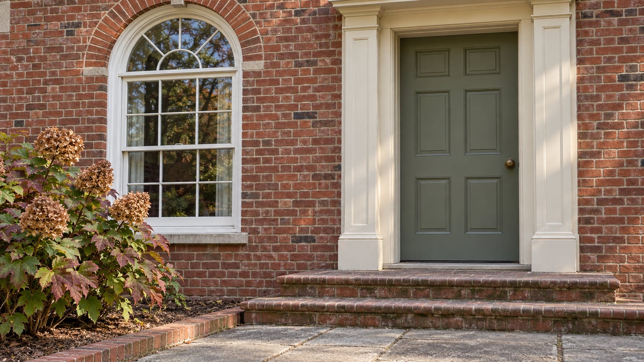 Red brick home entry with a muted green door, arched white sash window, worn brick steps, and autumn oakleaf hydrangea.