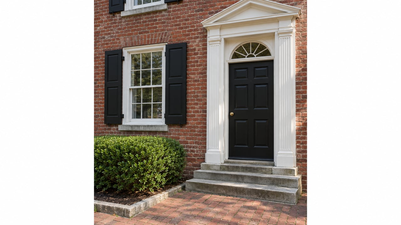 Compact red-brick house entrance with a black paneled door, white trim, stone steps, and a clipped boxwood.
