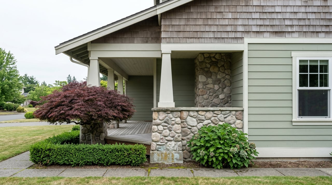 Porch corner with stone pier, white column, sage siding, multi-pane window, and shingled gable.
