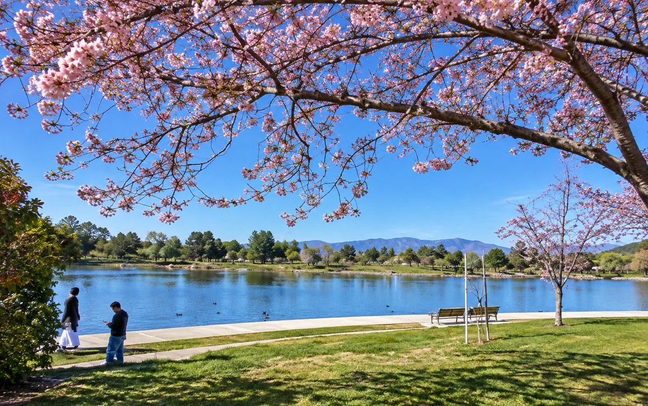 Cherry trees and walking path along the lake at Lake Balboa Park in the San Fernando Valley