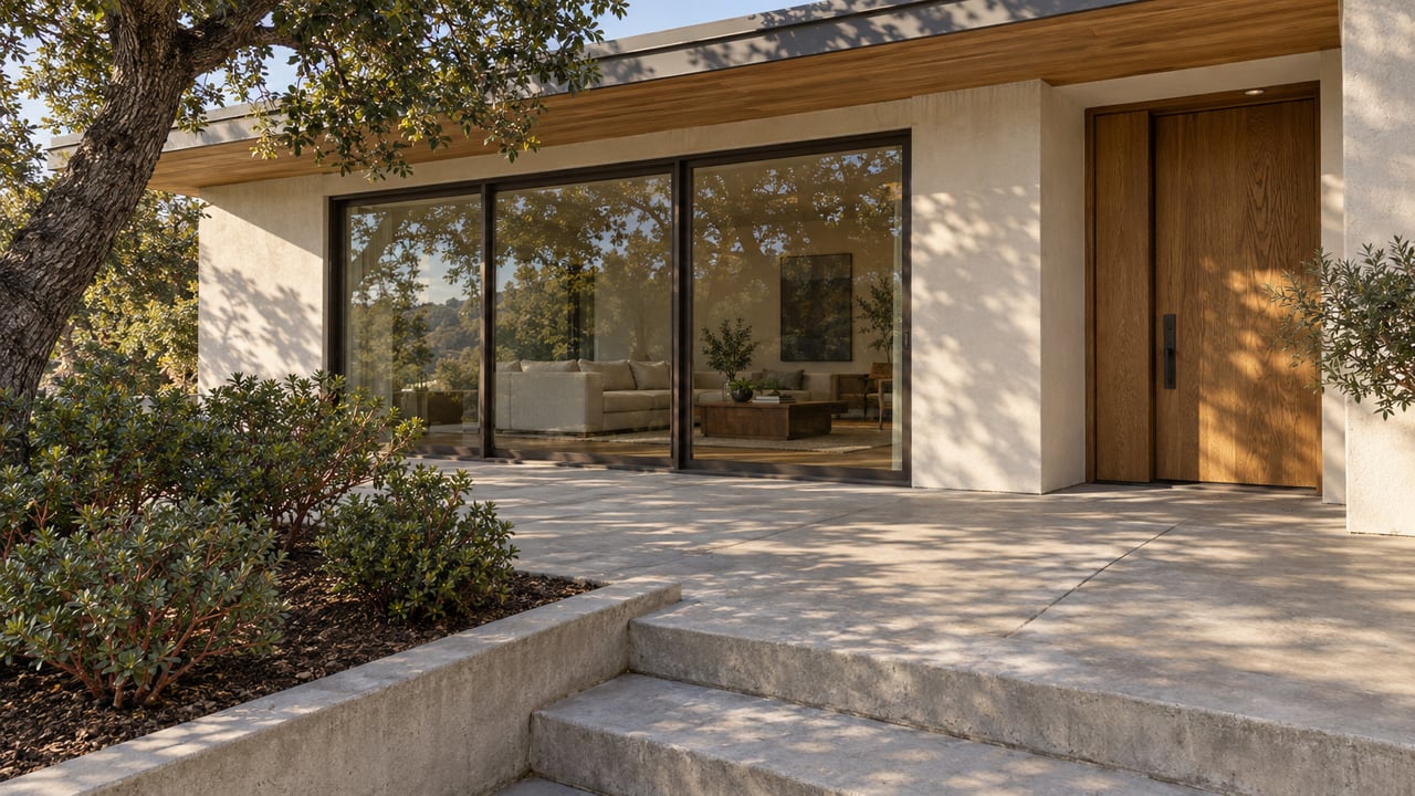 A timber-soffit modern home with bronze-framed windows and a concrete entry terrace beside a mature oak.