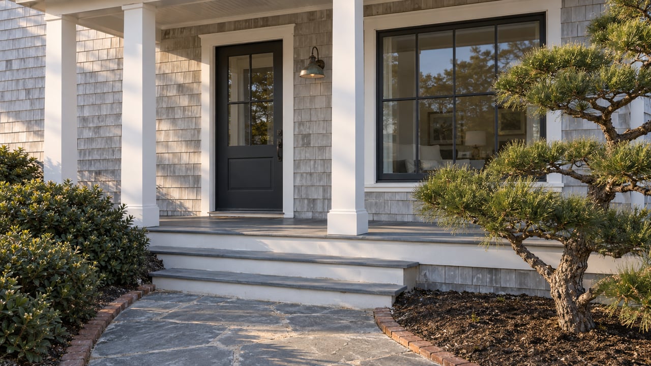 Pale-gray shingled coastal porch with dark entry door, white columns, bluestone steps, and compact plantings.
