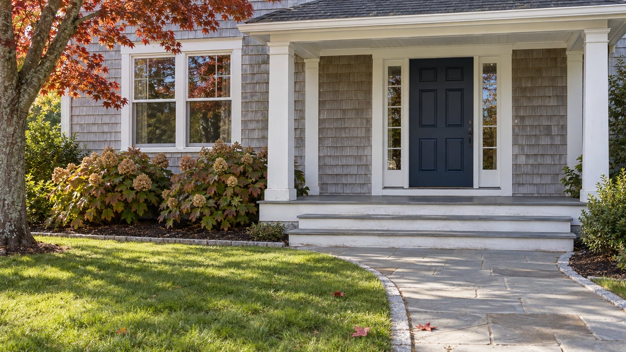 Autumn light on a cedar-shingled home with a navy front door, white porch trim, a bluestone approach and bronze-leaved oakleaf hydrangeas.