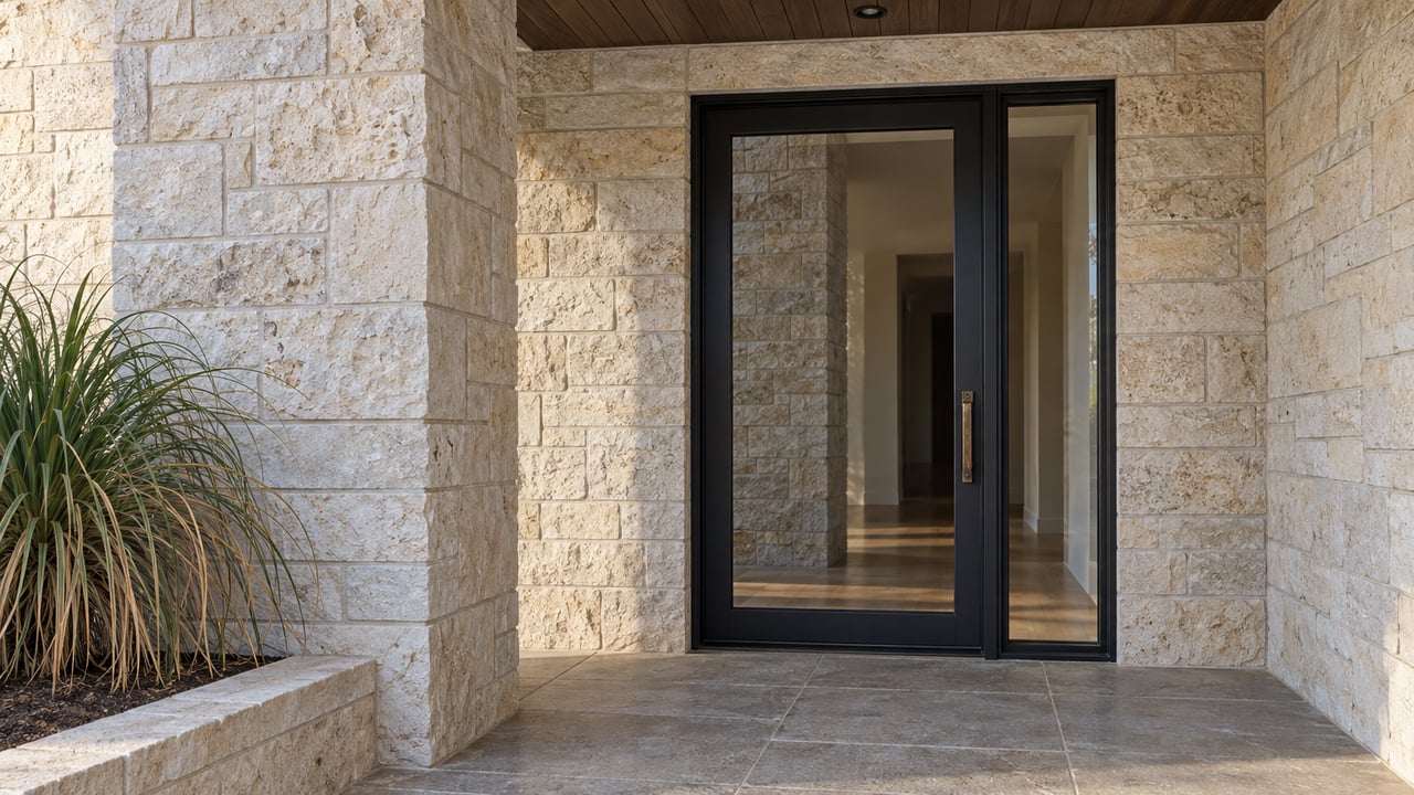Close view of a limestone home's recessed black-steel glass entry, shaded oak ceiling and stone porch beside a single sculptural plant.