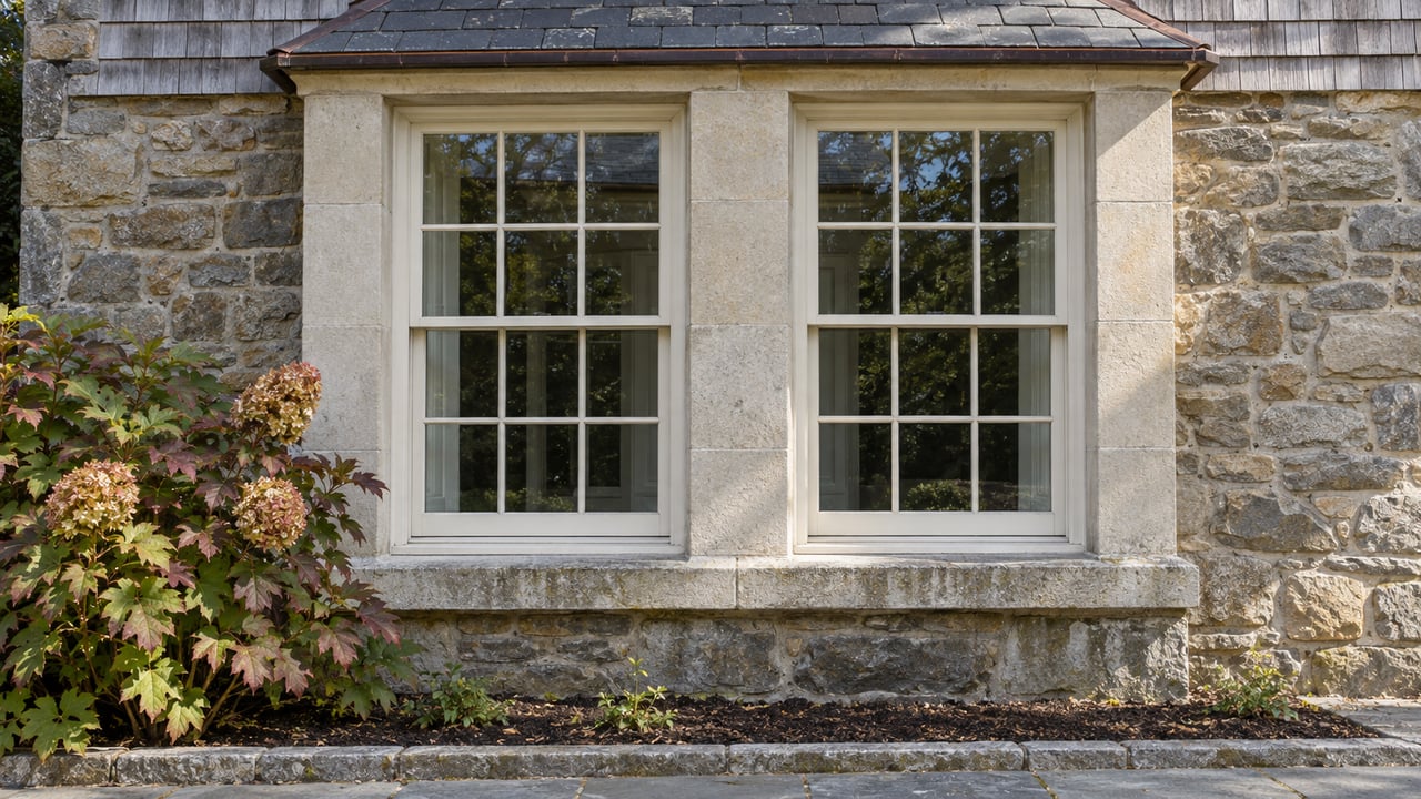 Paired ivory sash windows in a textured stone facade above an oakleaf hydrangea and stone-edged planting bed.