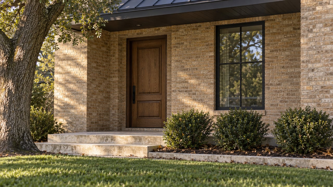 Recessed oak door and black-framed window in a tan brick house, beside a mature tree and limestone steps.