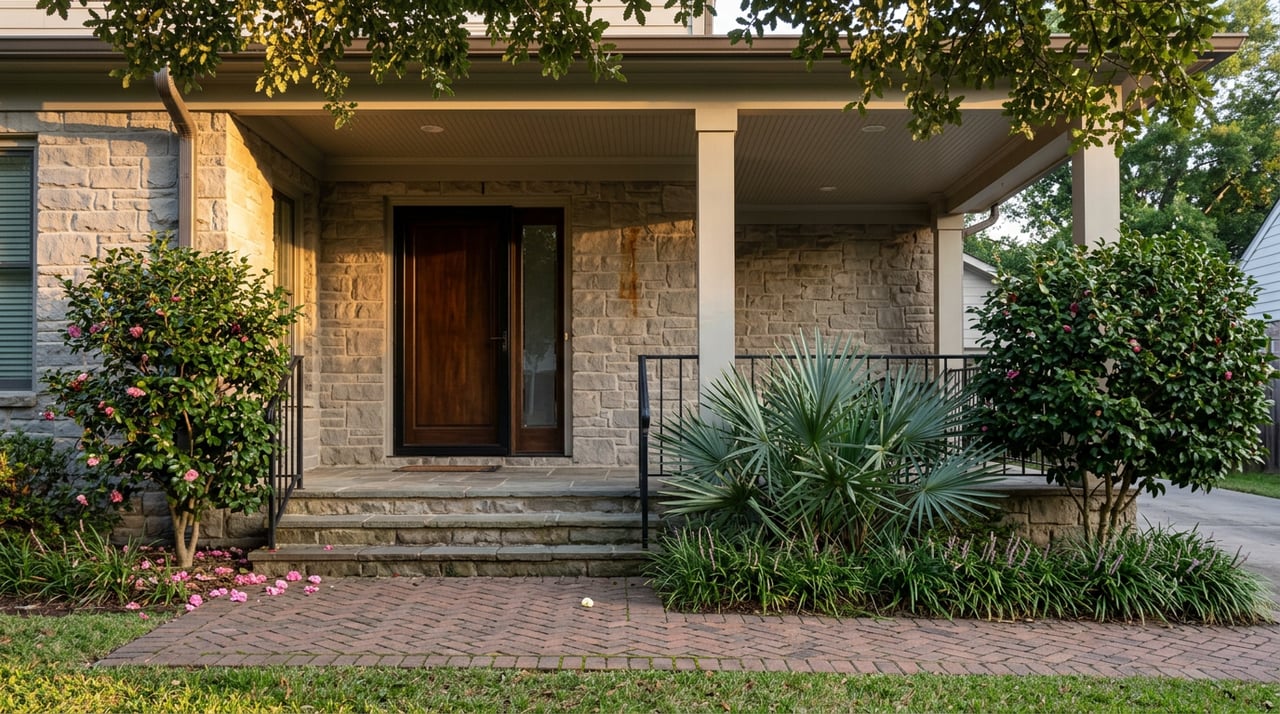 Stone-fronted home entry with a walnut door, brick steps, pink camellia blooms, and live oak canopy.