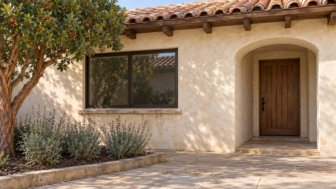 Warm ivory stucco home with a clay tile roof, bronze-framed window, recessed oak entry door, and sandstone approach beside a strawberry tree and Cleveland sage.