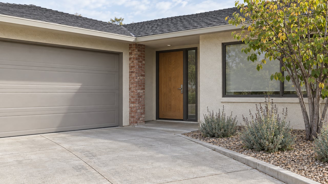 Home exterior with a wide garage door, brick-trimmed entry, and landscaped front bed.