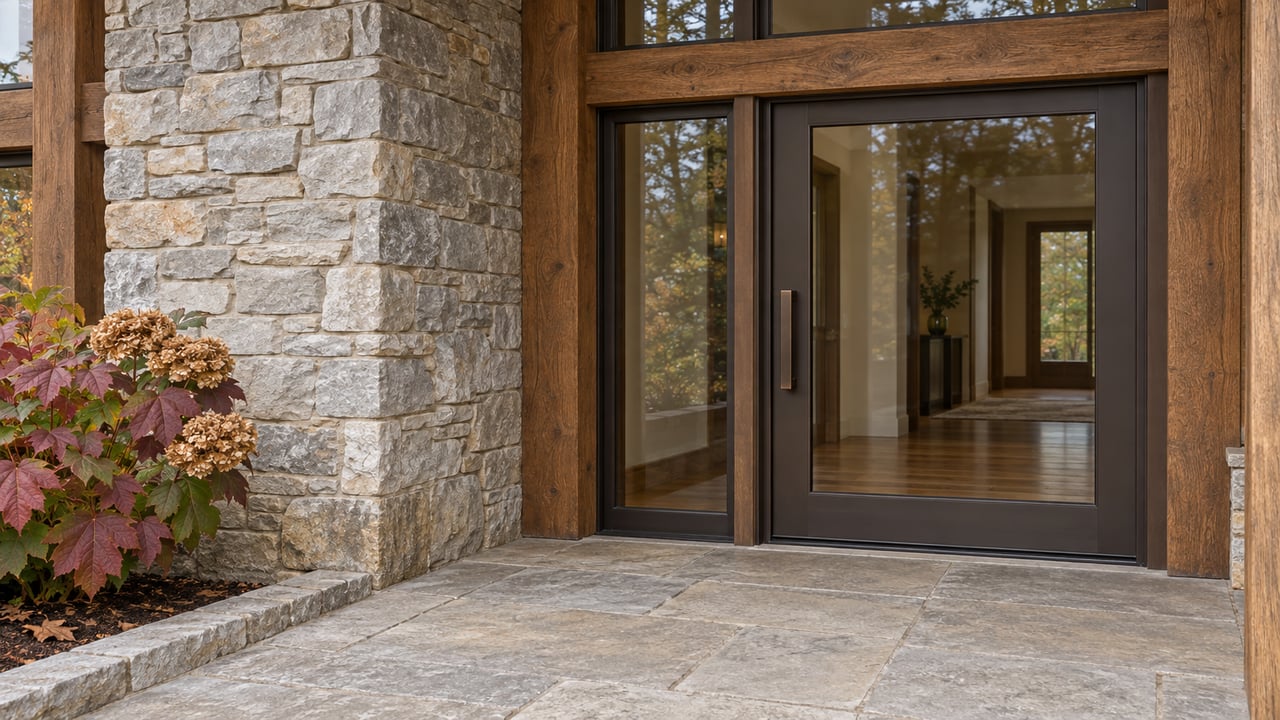 Covered home entry with weathered oak framing, pale limestone, a bronze-framed glass door and autumn oakleaf hydrangea beside the stone landing.