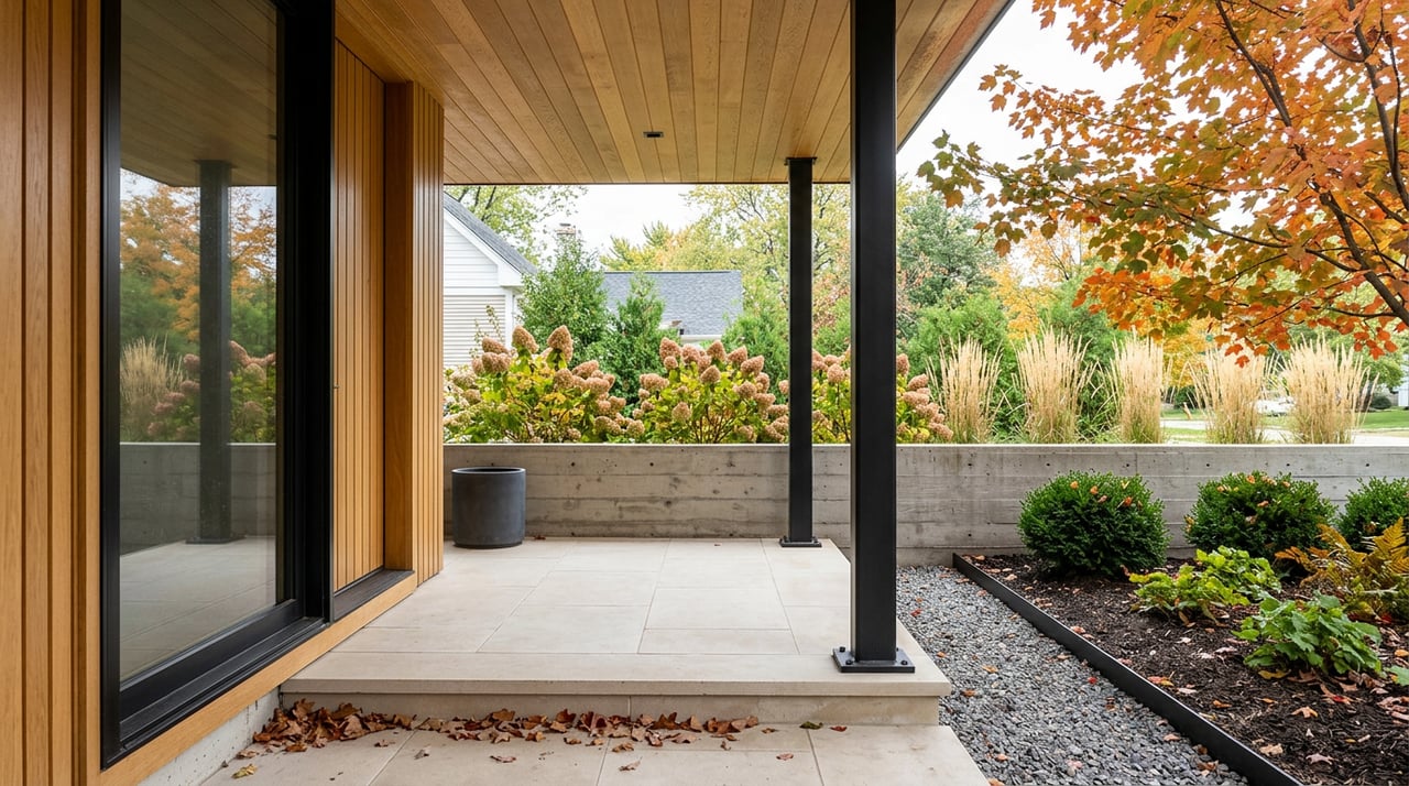 Covered limestone porch with black steel columns, a concrete cheek wall, and autumn leaves above hydrangeas and grasses.