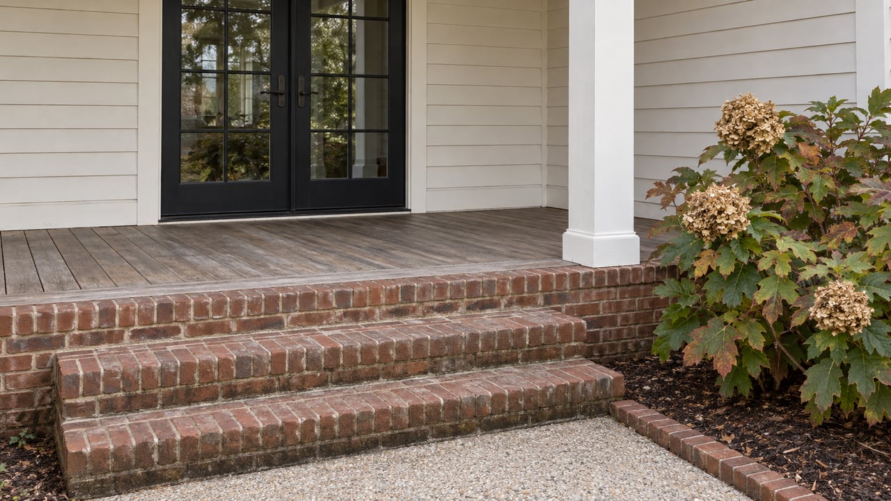 Cream-sided home with closed black French doors, weathered porch boards and brick steps beside an oakleaf hydrangea.