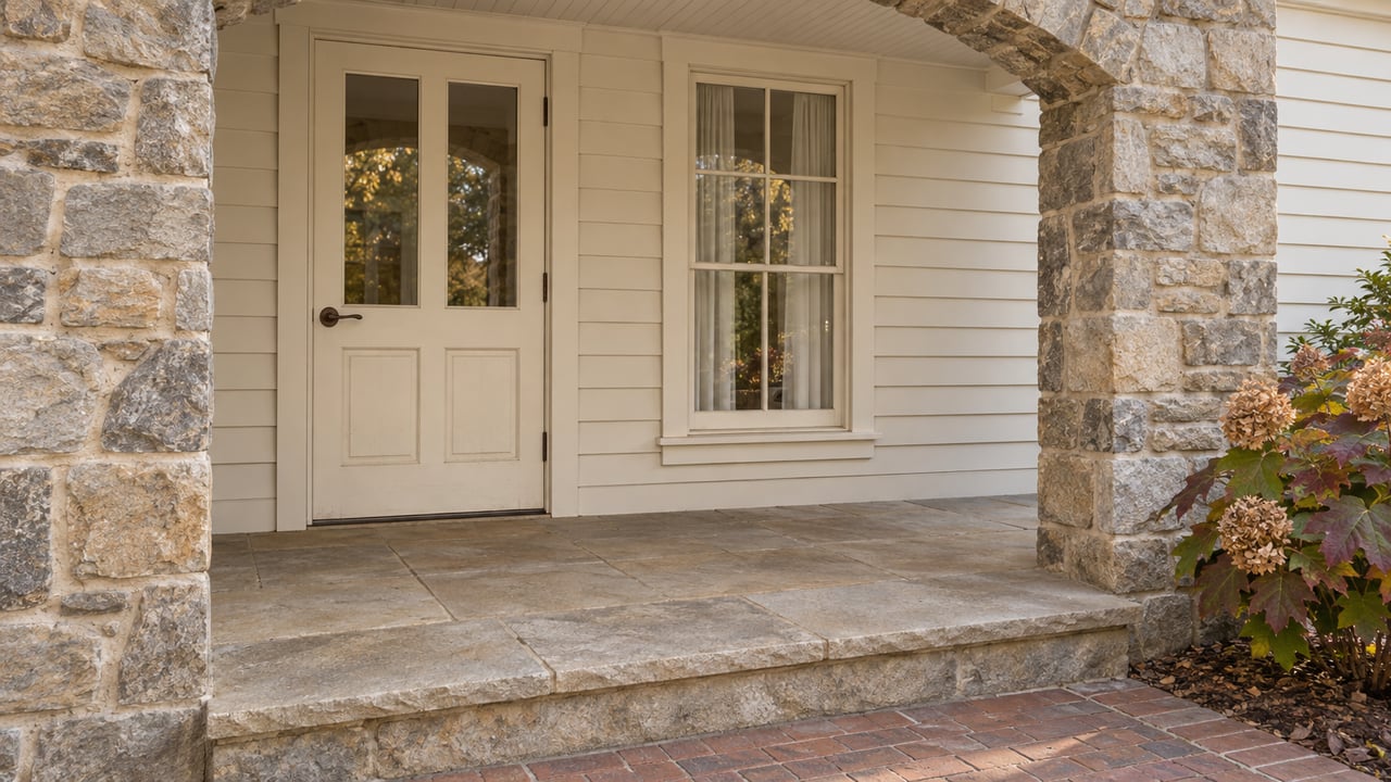 Covered stone entry with a cream-painted door, tall window, worn stone paving and autumn oakleaf hydrangea.