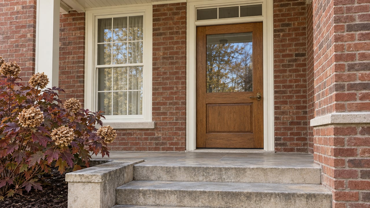 Sheltered brick home entrance with an oak door, limestone steps and burgundy oakleaf hydrangea.