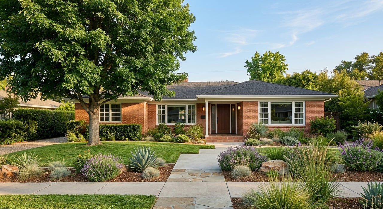 1950s red-brown brick house with a recessed oak entry, broad lawn, concrete walk, and mature shade tree.