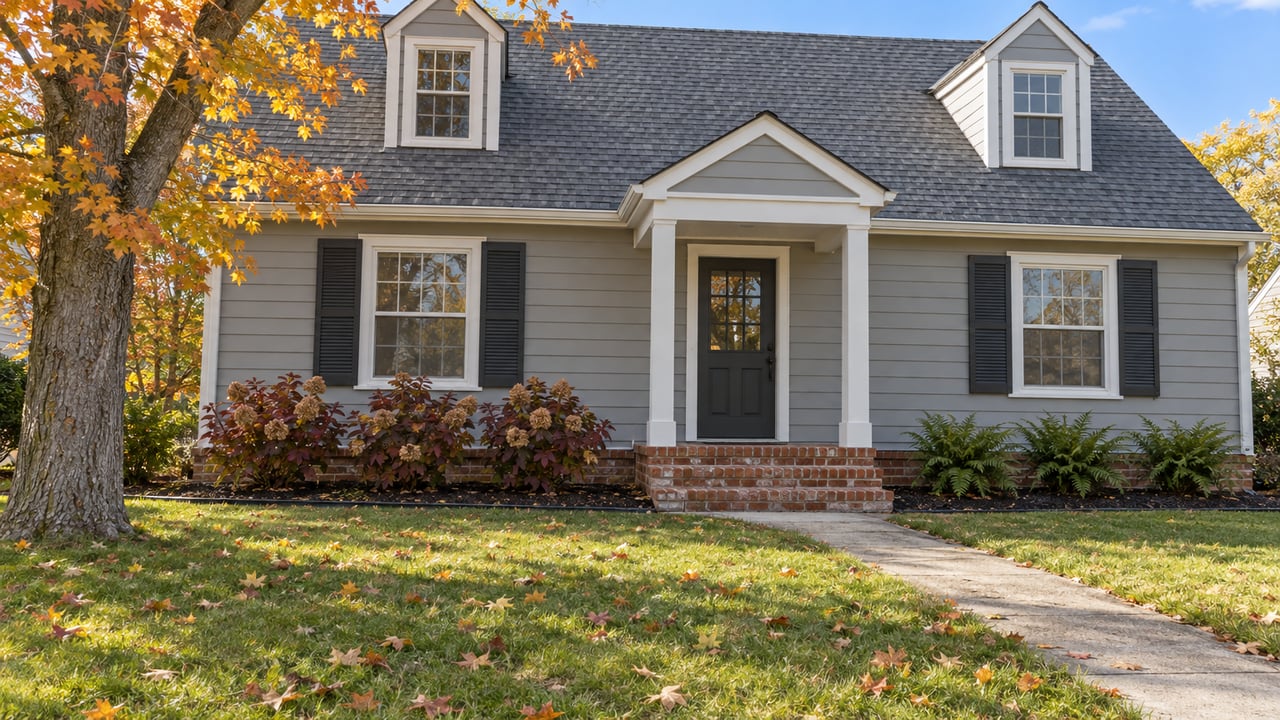 Gray lap-sided house with two dormers, a centered covered entry, and a deep autumn lawn beneath a copper-yellow maple.